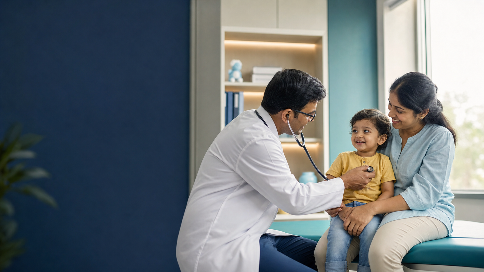 Child receiving care with a parent and paediatrician