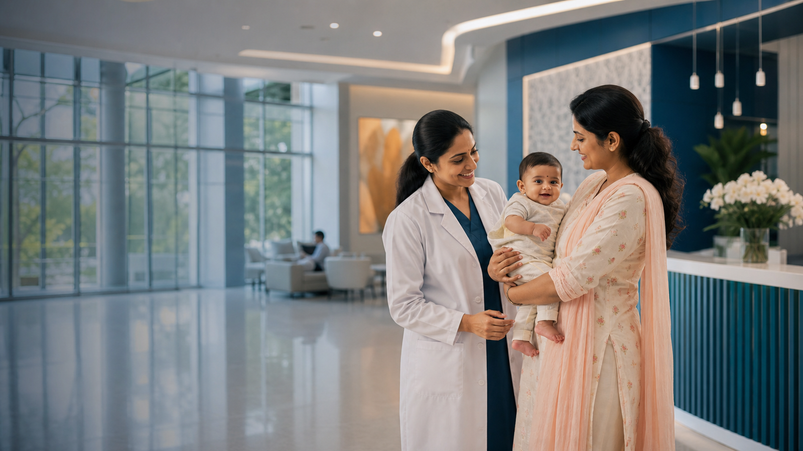 Mother receiving compassionate maternity care at Motherline Hospital